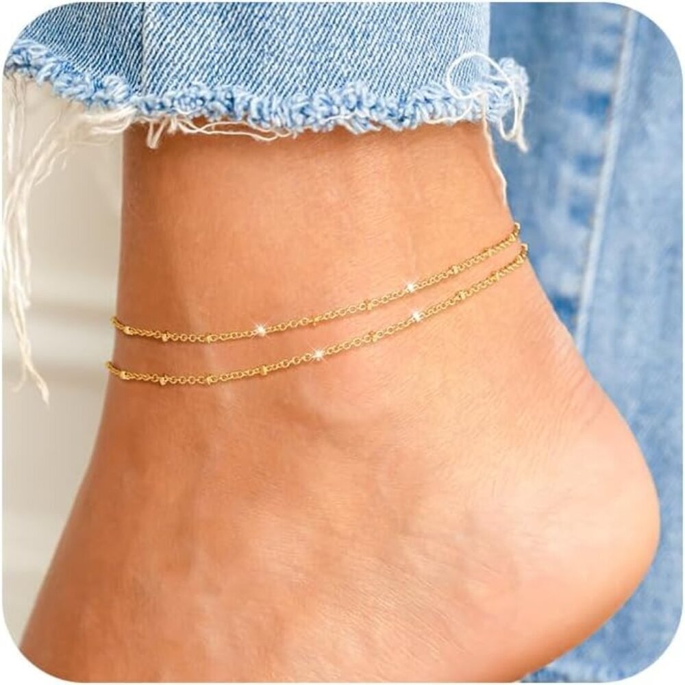 Ankle Bracelets for Women, Glitter Waterproof Adjustable Anklet for Women, 14K G